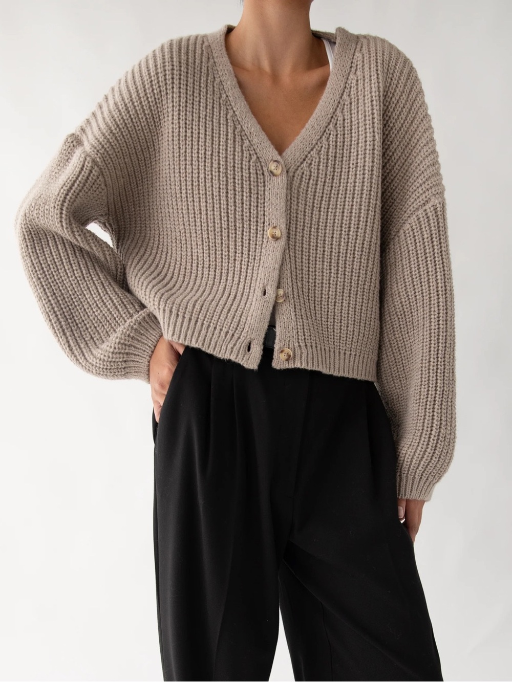OAK + FORT Taupe Cropped V-Neck Button Cardigan Wool blend